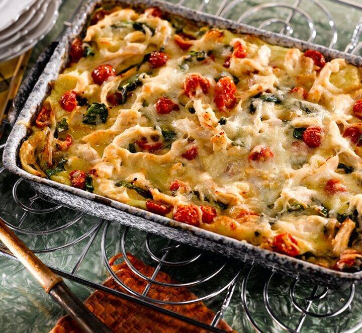 Chicken, Spinach, and Tomato Strata