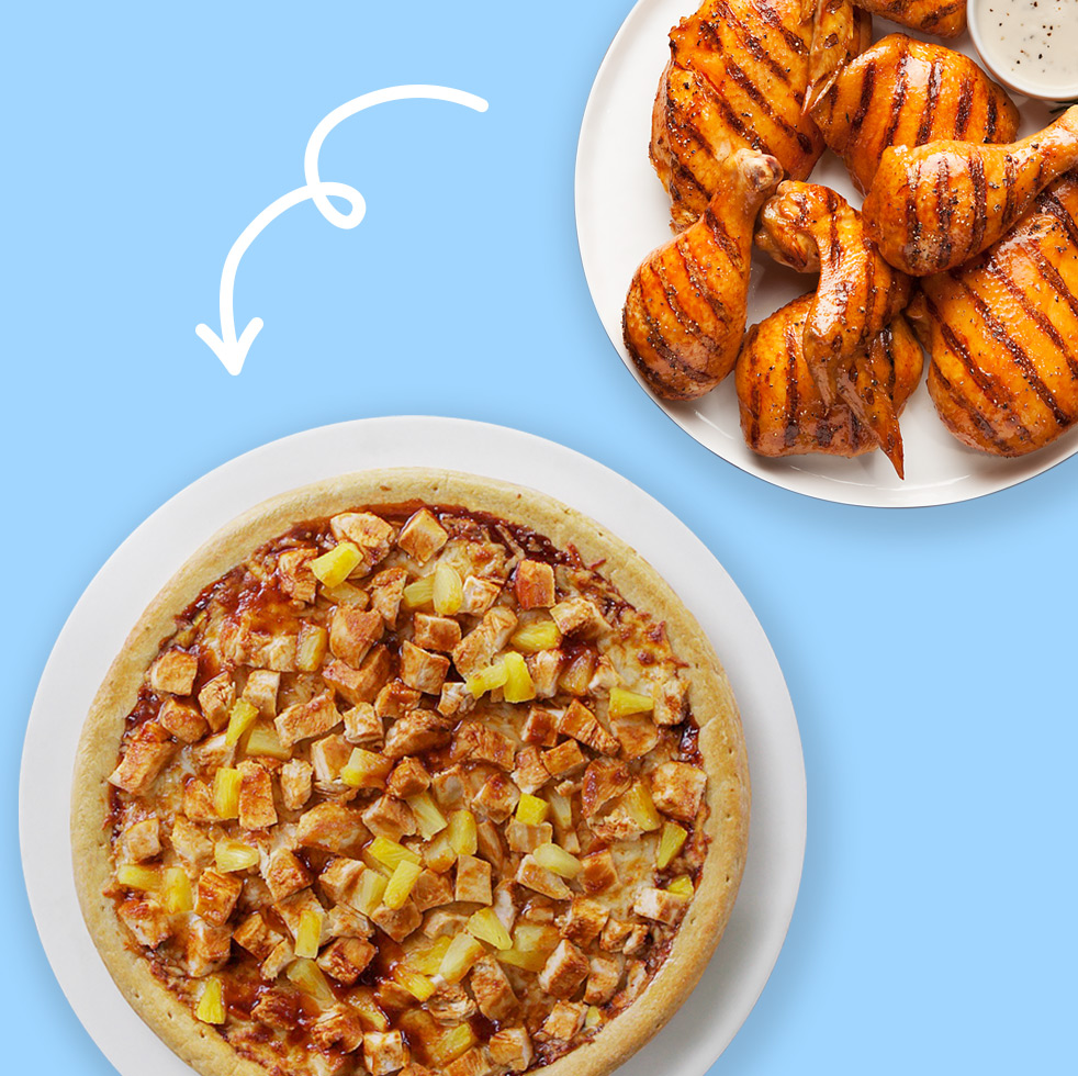 A BBQ chicken pizza topped with diced grilled chicken and pineapple on a white plate, with a curved arrow pointing from a plate of grilled BBQ chicken drumsticks on the top right. 
